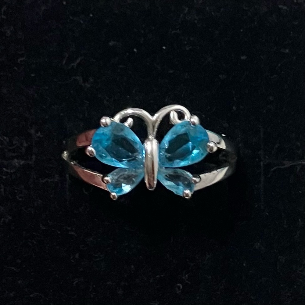 Silver Tone Blue Stone Butterfly Ring 7.5